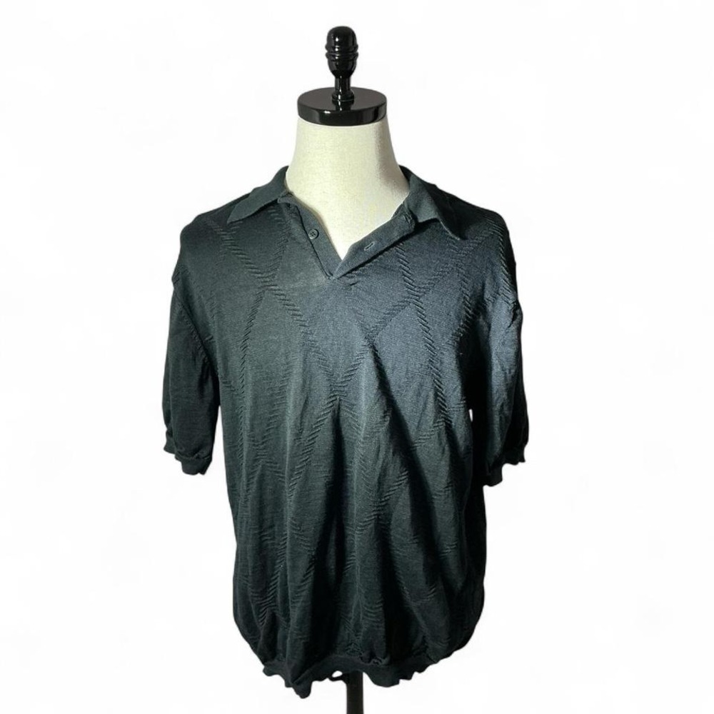 Perry Ellis Textured Old Money Polo Shirt Mens XL Black Linen Diamond Pattern